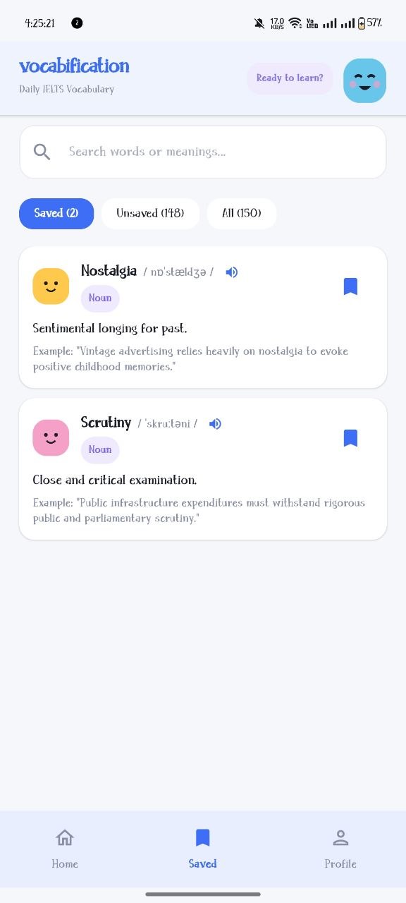 Saved Words Screen